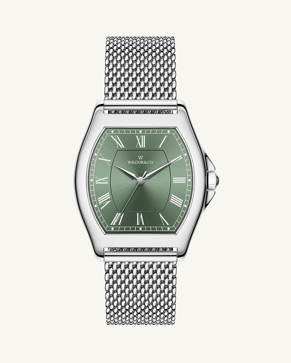 A tonneau mens watch in rhodium-plated silver from Waldor & Co. with green sunray dial and a second hand. Ronda movement. The model is Constant 40 Lecco.