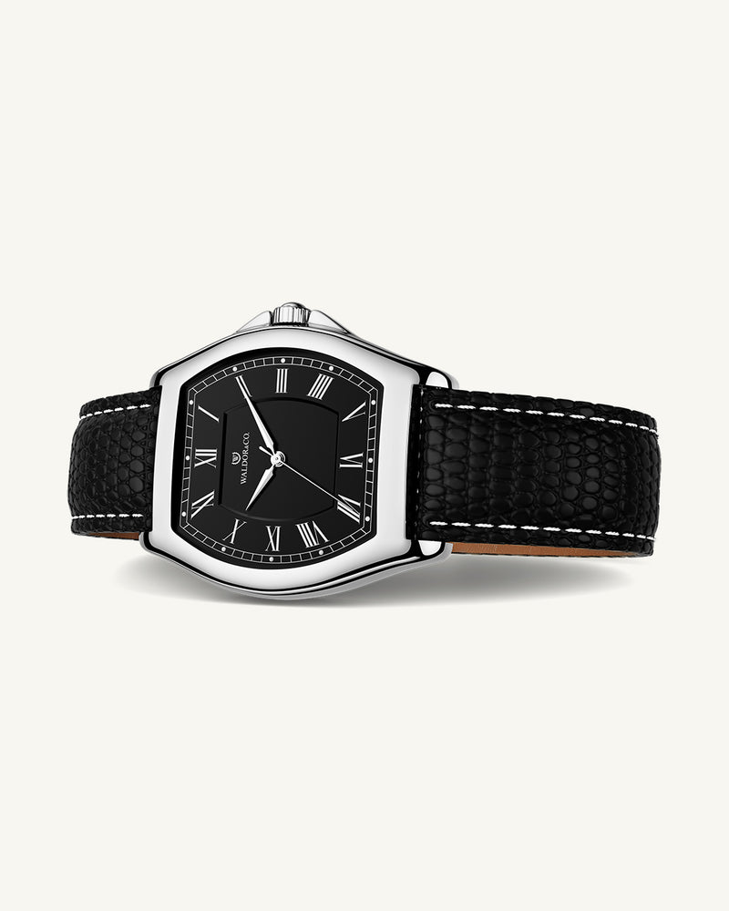 A square mens watch in Rhodium-plated 316L stainless steel from Waldor & Co. with white dial. Ronda movement. The model is Constant 40 Tremezzo 37x45mm.