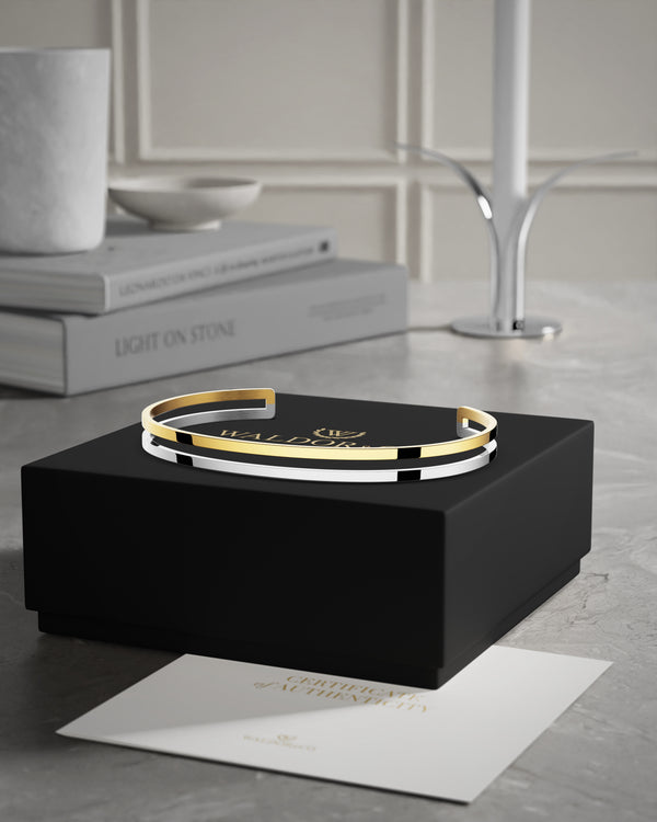 A Bangle in 14k gold plated 316L stainless steel from Waldor & Co. One size. The model is Dual Bangle Polished.