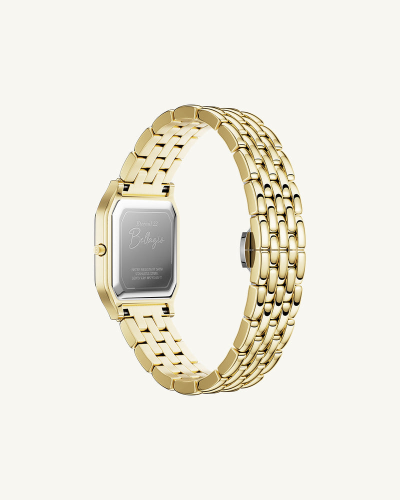 A square womens watch in 22k gold from Waldor & Co. with white Diamond Cut Sapphire Crystal glass dial. Seiko movement. The model is Eternal 22 Bellagio.