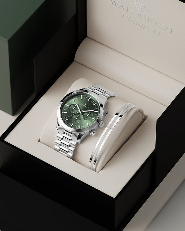 lifestyle_image,A round mens watch in rhodium-plated silver from Waldor & Co. with green sunray dial and a second hand. Seiko movement. The model is Chrono 44 Como 44mm.