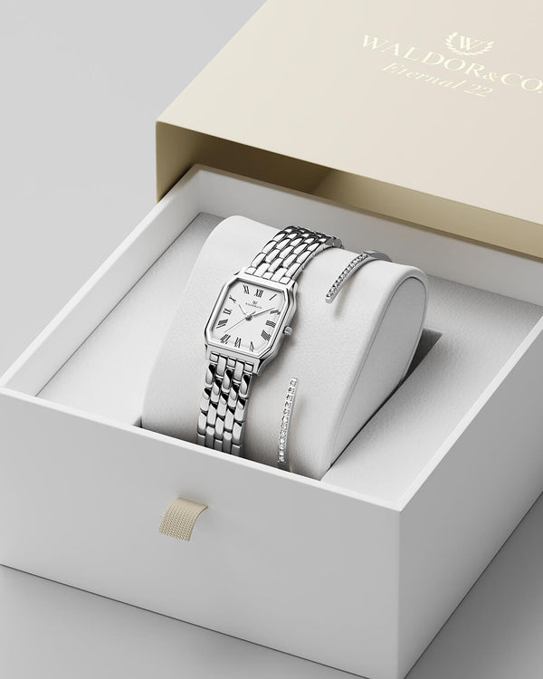 lifestyle_image,A square womens watch in silver plated 316L stainless steel from Waldor & Co. with white Diamond Cut Sapphire Crystal glass dial. Seiko movement. The model is Eternal 22 Bellagio